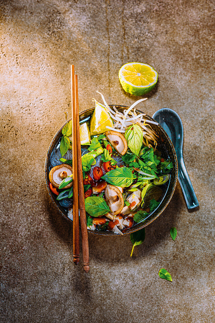 Reisnudel-Pho mit Huhn, Shiitake und Pak Choi