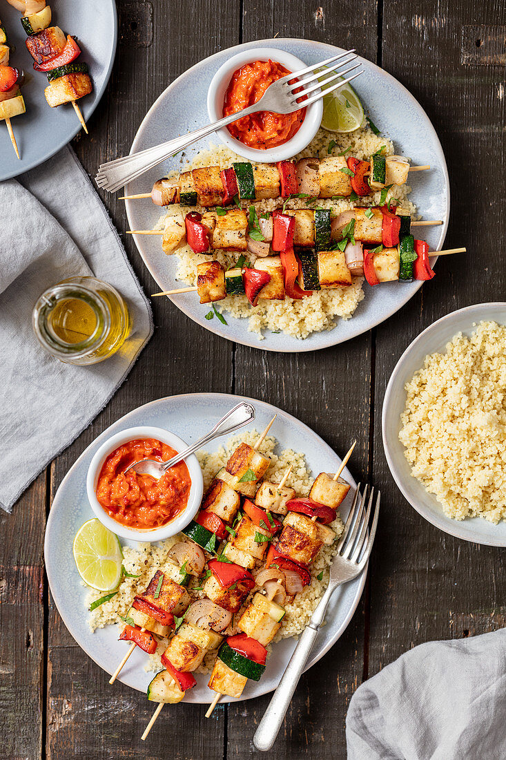 Skewers with veggies and halloumi cheese, cocucous and ajvar