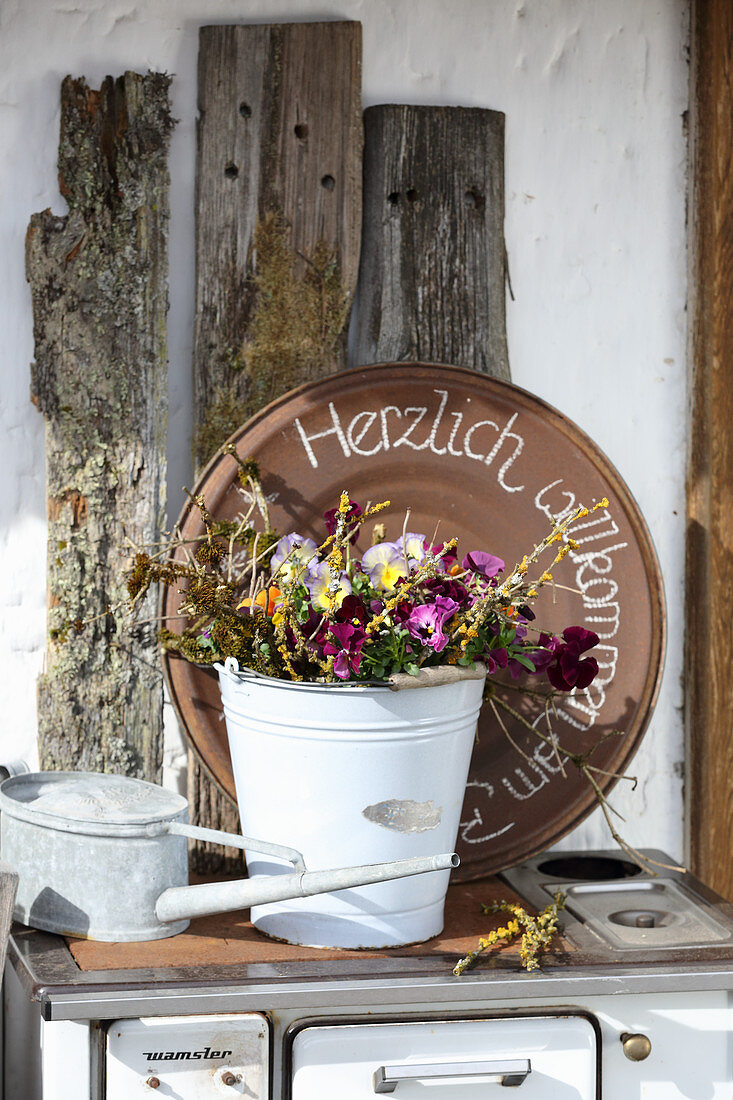 Buntes Blumengesteck mit Hornveilchen und Stiefmütterchen