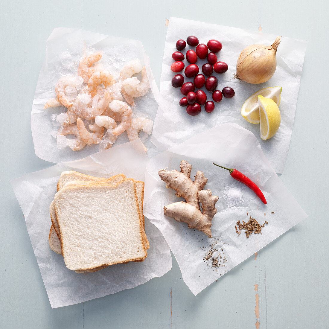 Ingredients for shrimp bread with cranberry chutney