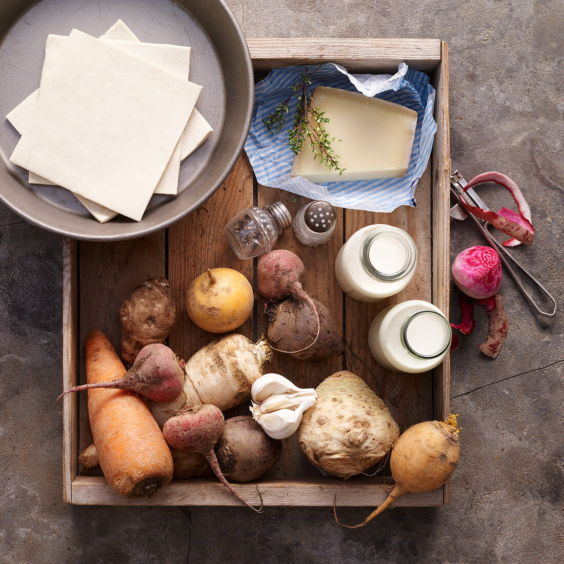 Ingredients for root vegetable tart with cheese