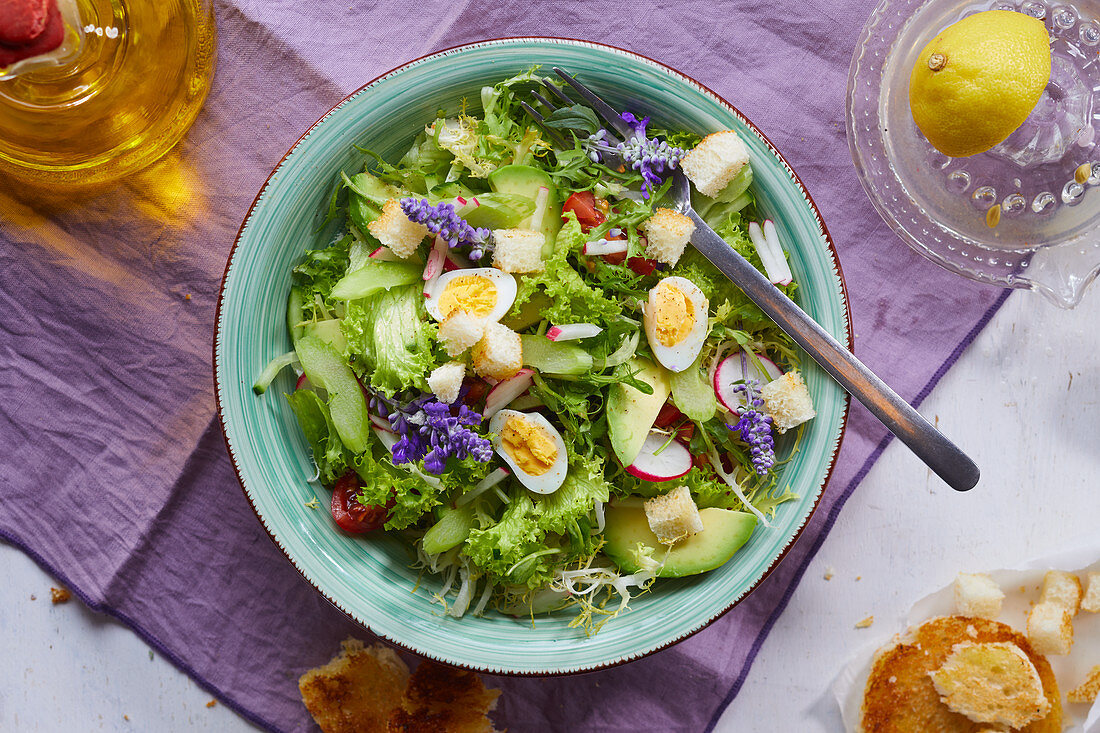 Colorful salad with radishes and egg