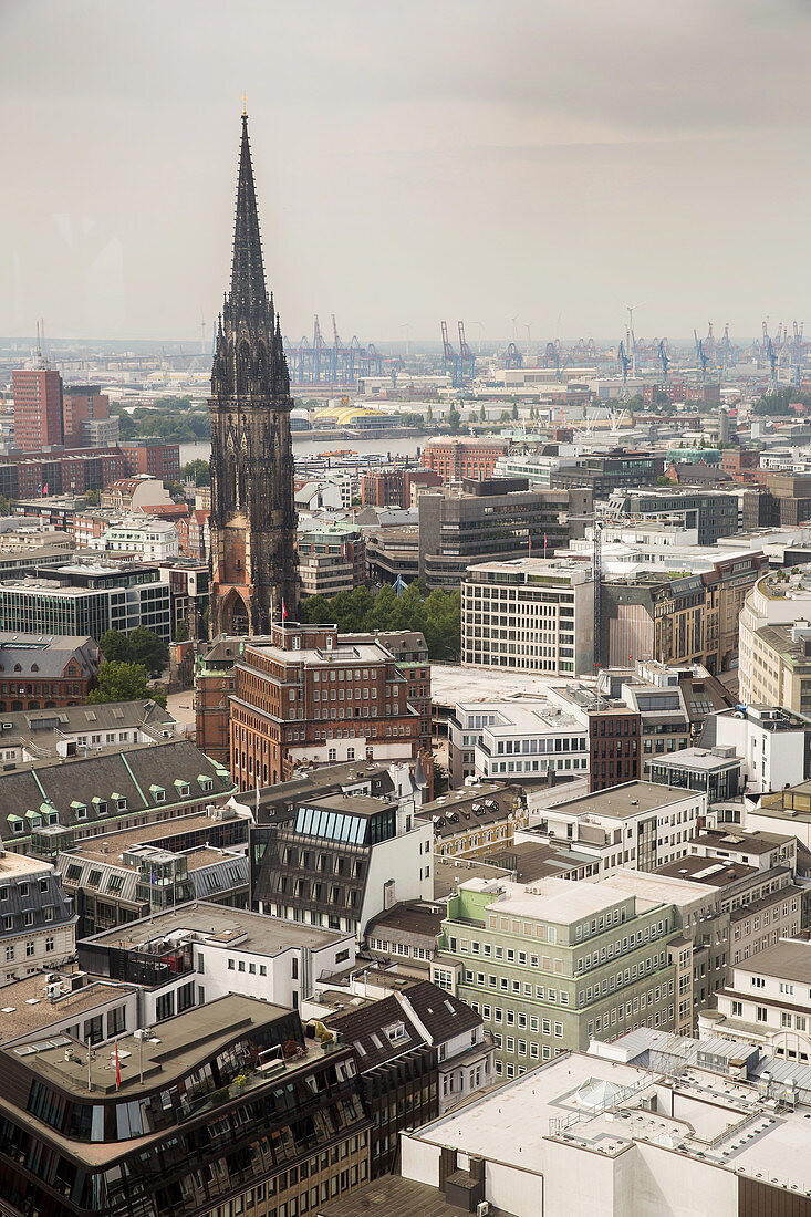 A view of Hamburg city centre with the church of St. Nikolai, Hamburg, Germany