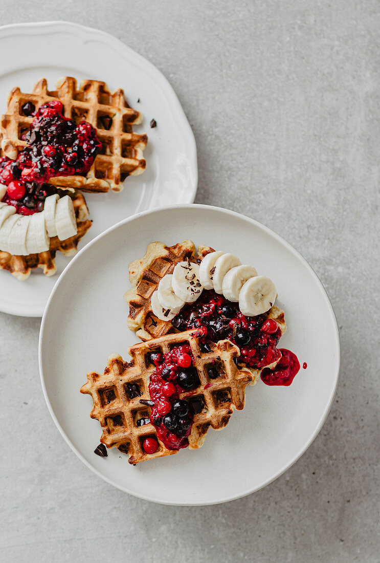Waffles with forest berries and banana