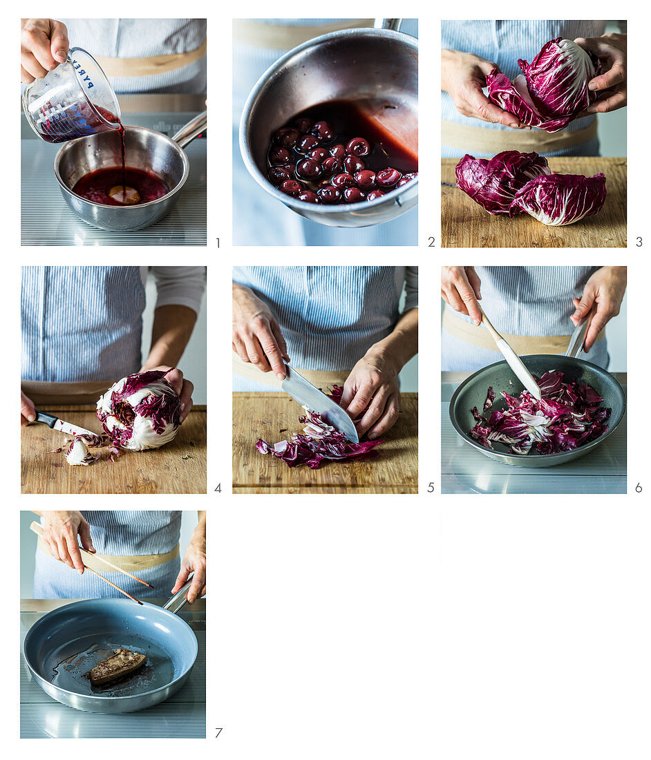 Veal liver with fruity-sour cherries and radicchio being made