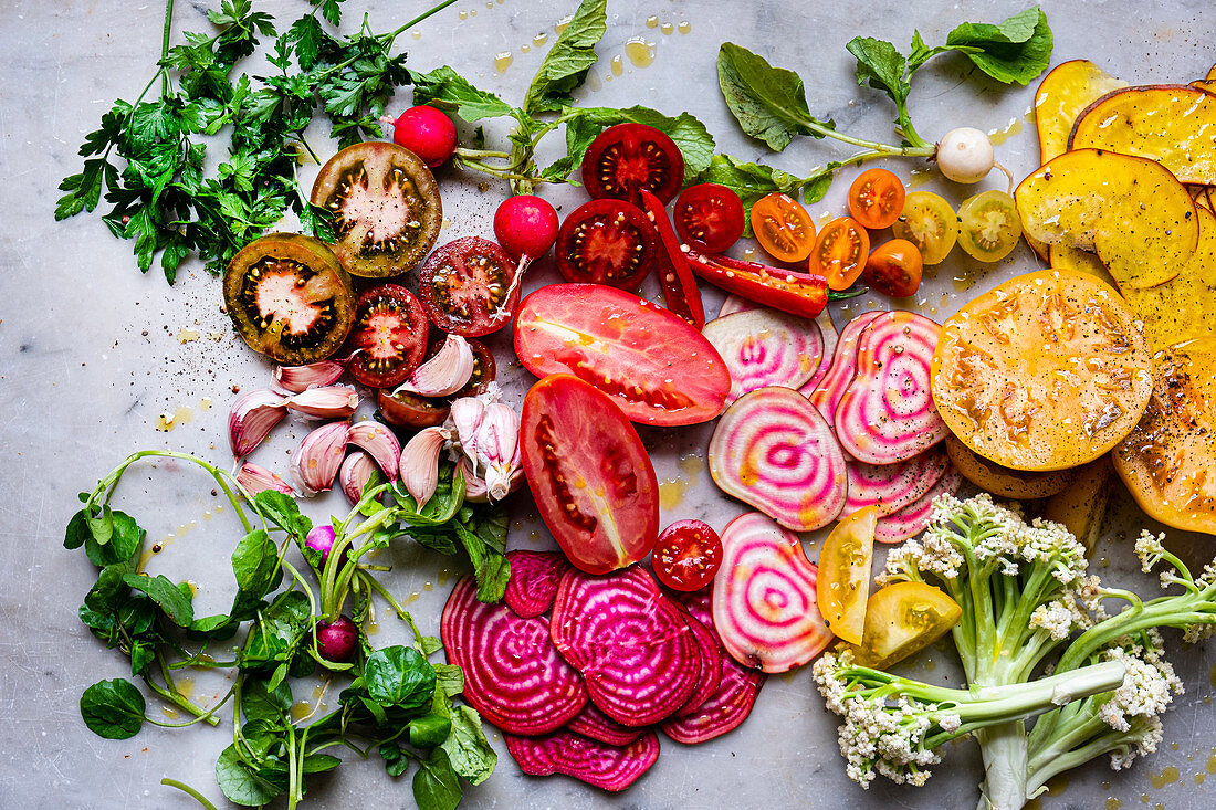 Various colourful vegetables, sliced
