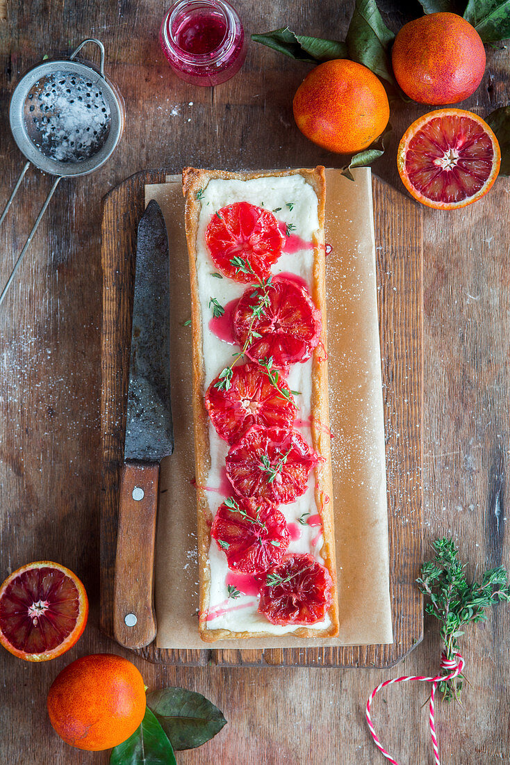 Blood orange tart with quark filling and caramelized blood oranges