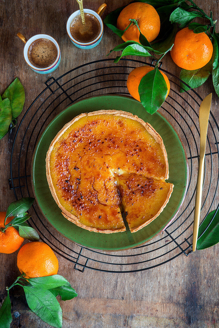 Tangerine brulee tart sliced