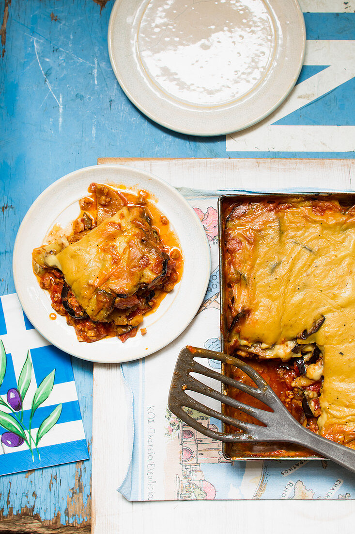 Vegan moussaka with slices of soy