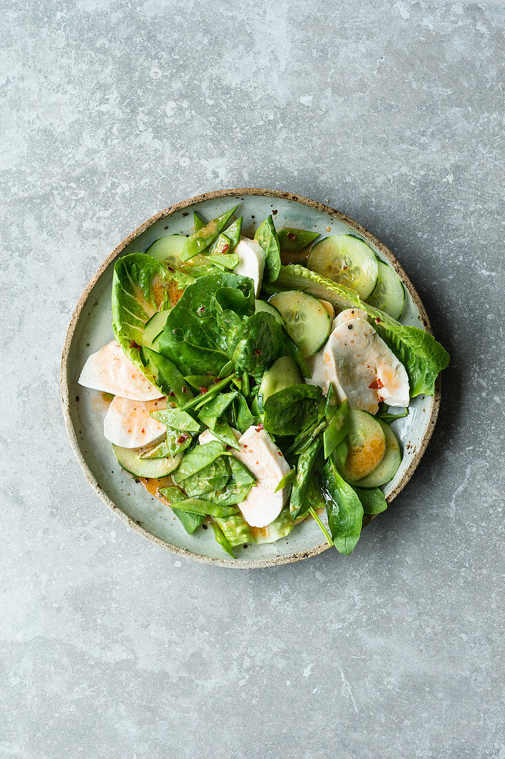 A mixed green salad with chicken breast