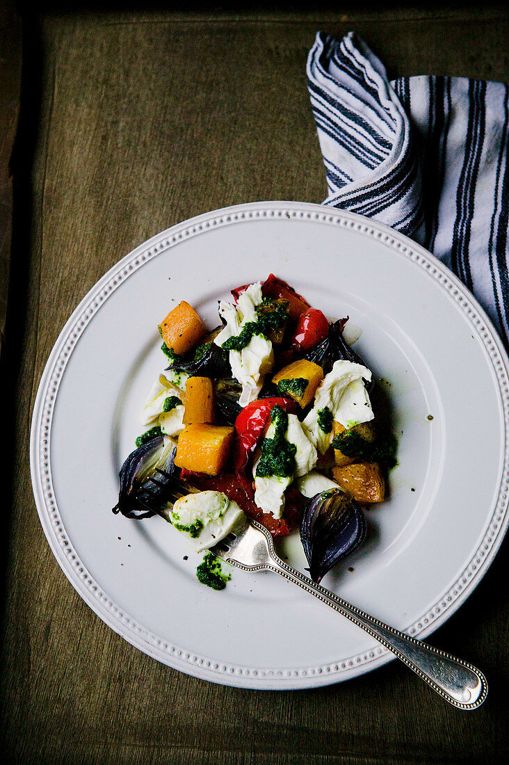 Plate of roast vegetables and mozzarella
