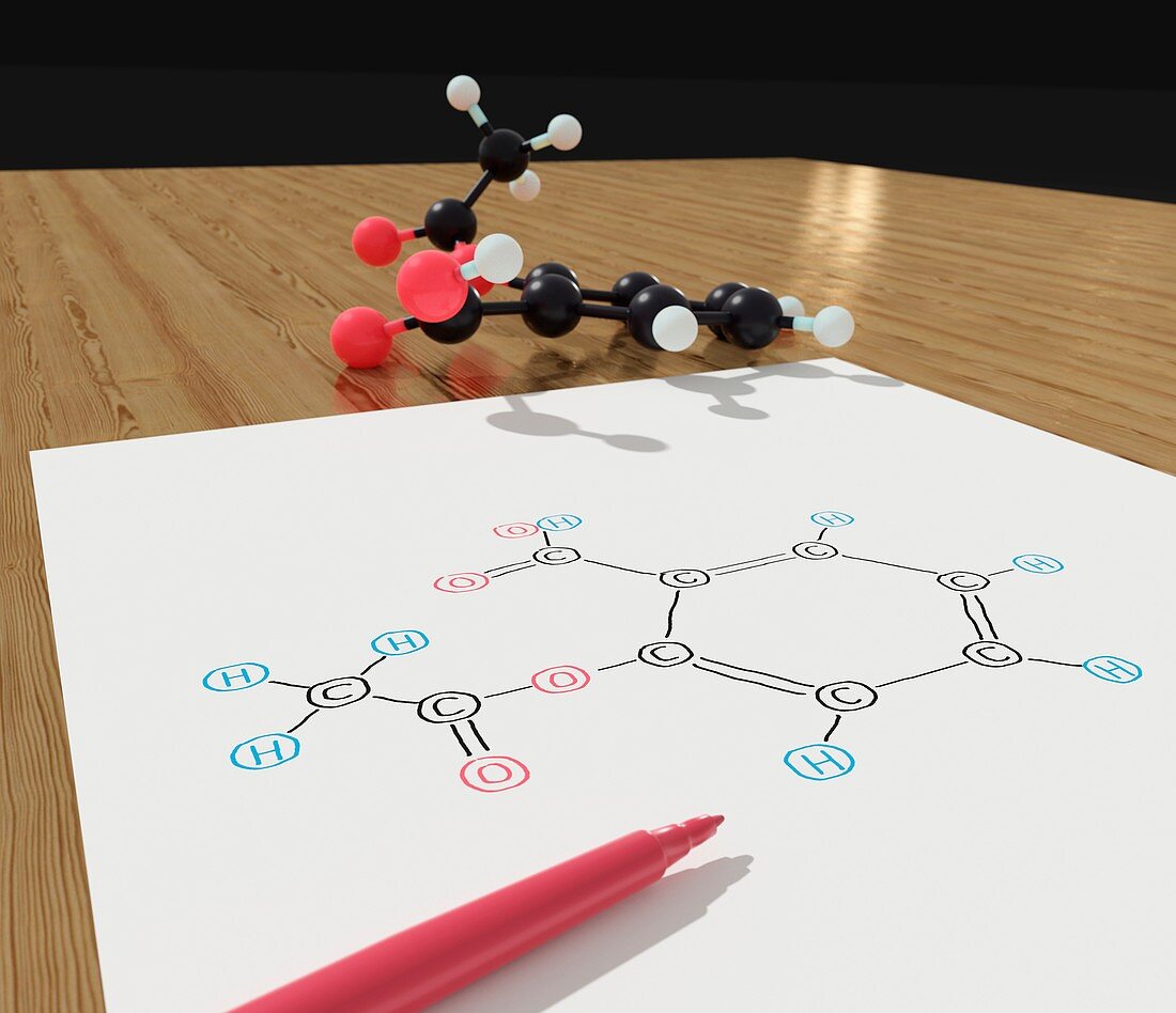 Model of aspirin molecule, illustration.