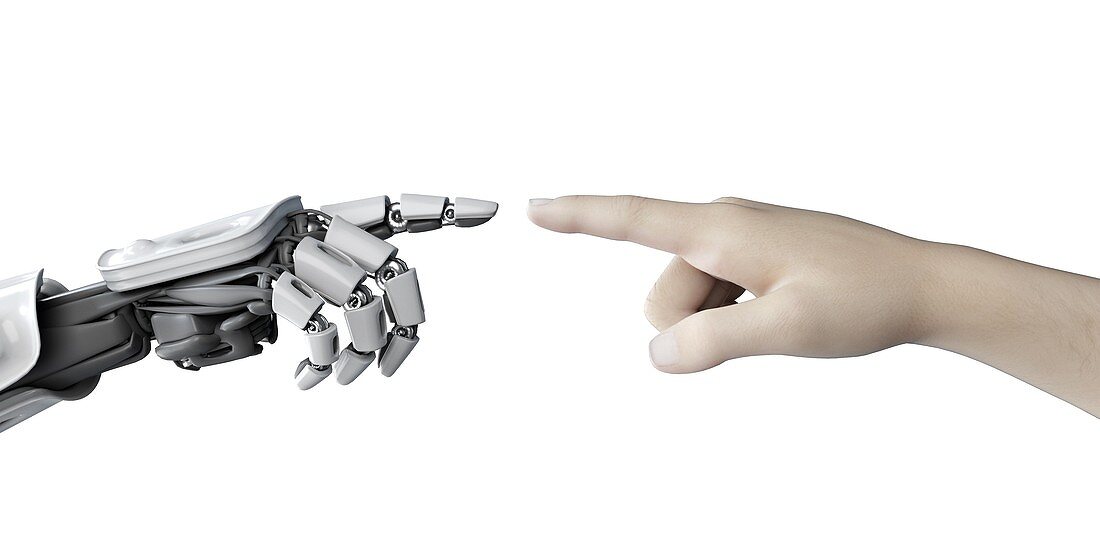 Man and robot touching, illustration