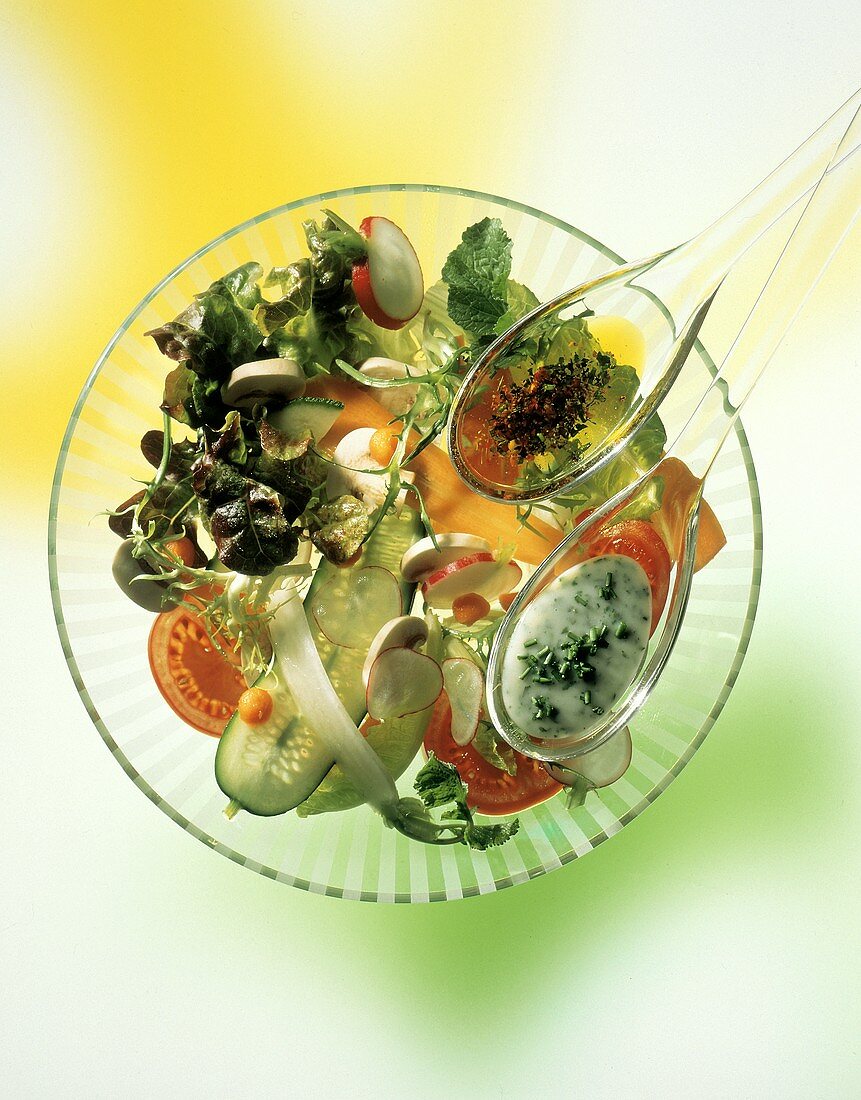 A Serving of Salad with Two Spoonfuls of Assorted Dressing