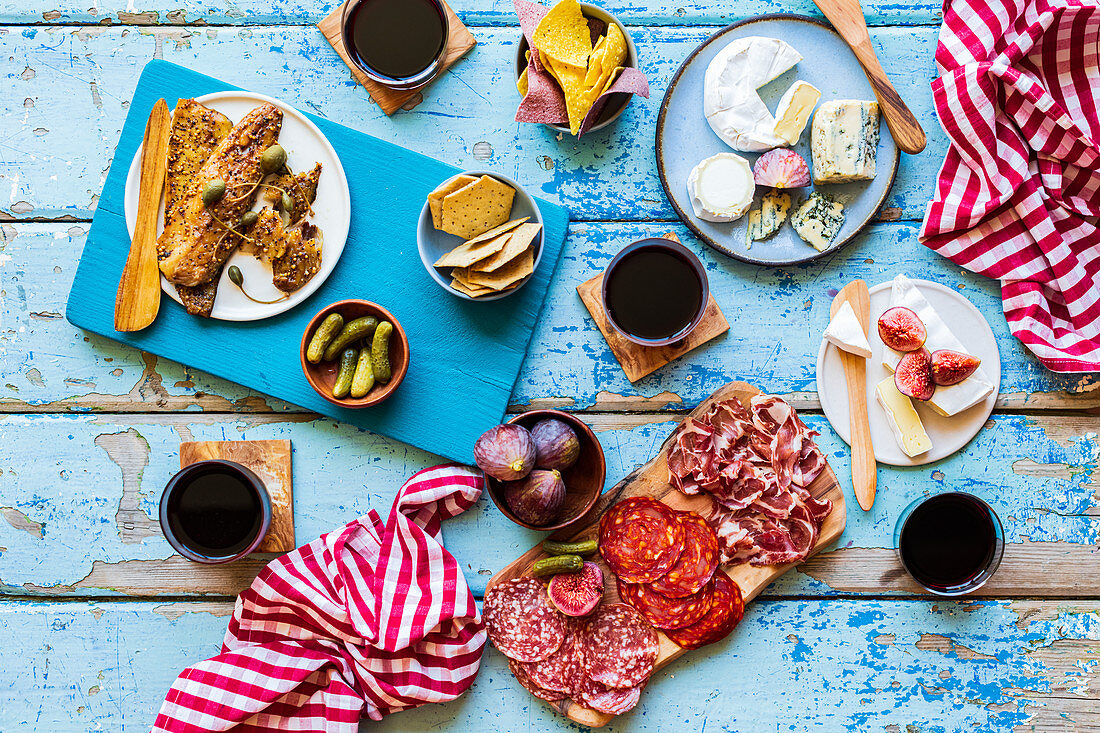 Antipasti-Picknick mit Fisch, Wurst, Käse und Wein