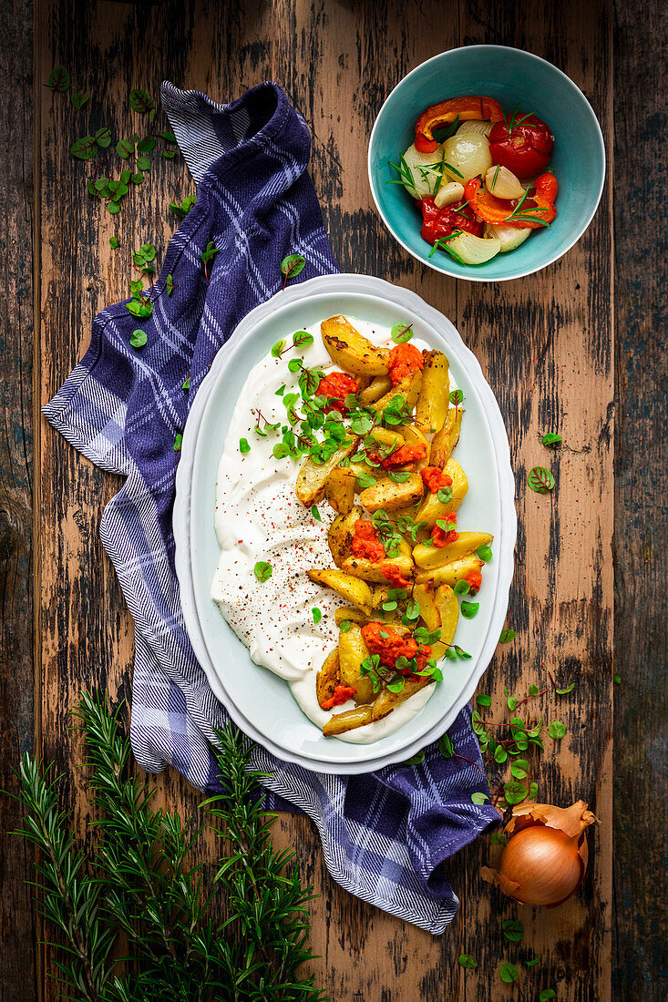 Ofengemüse mit Gervaiscreme, Ajvar und Sprossen