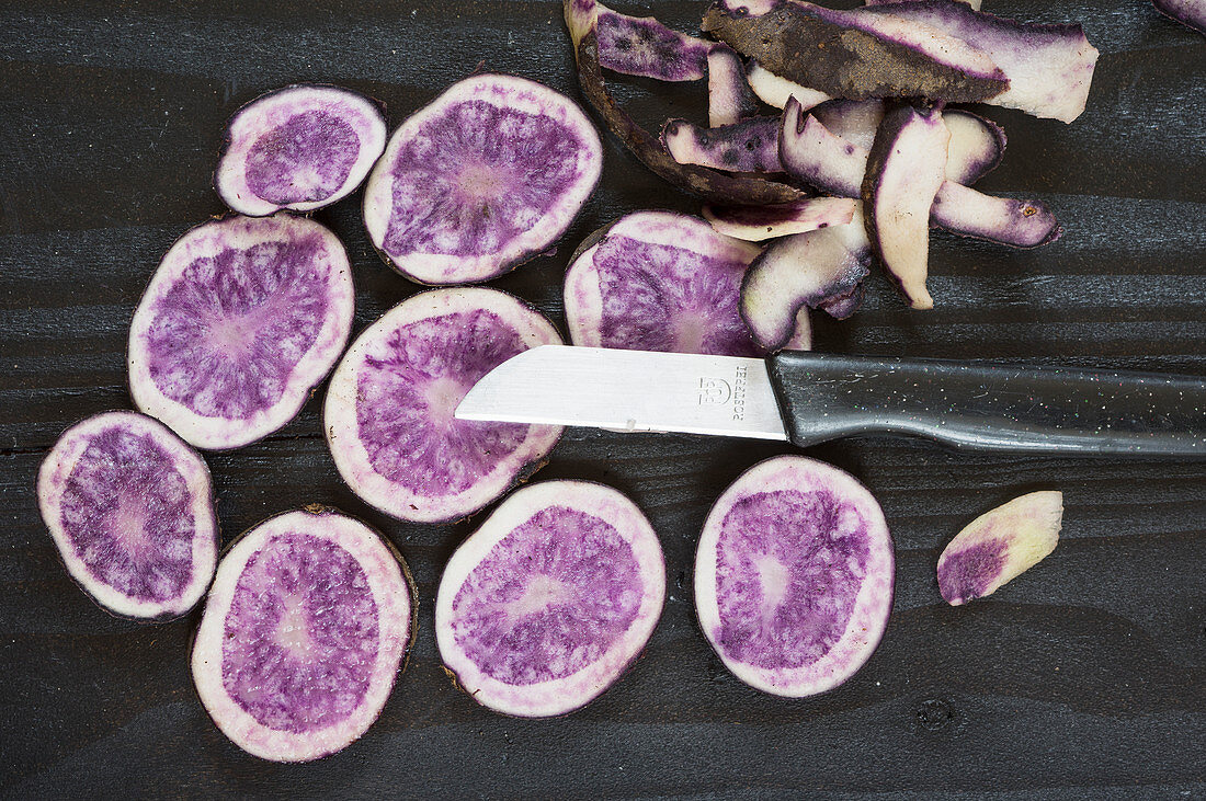 Blaue Kartoffeln der Sorte St. Galler, aufgeschnitten, mit Messer