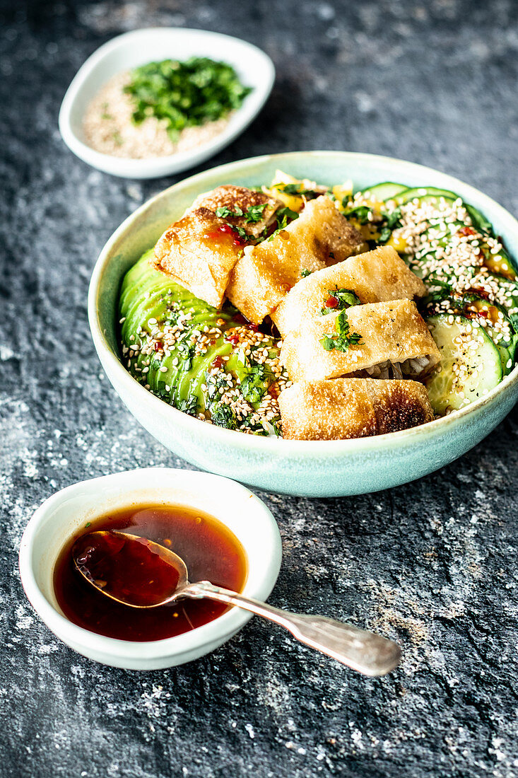 Asian bowl with spring rolls and sweet and sour sauce