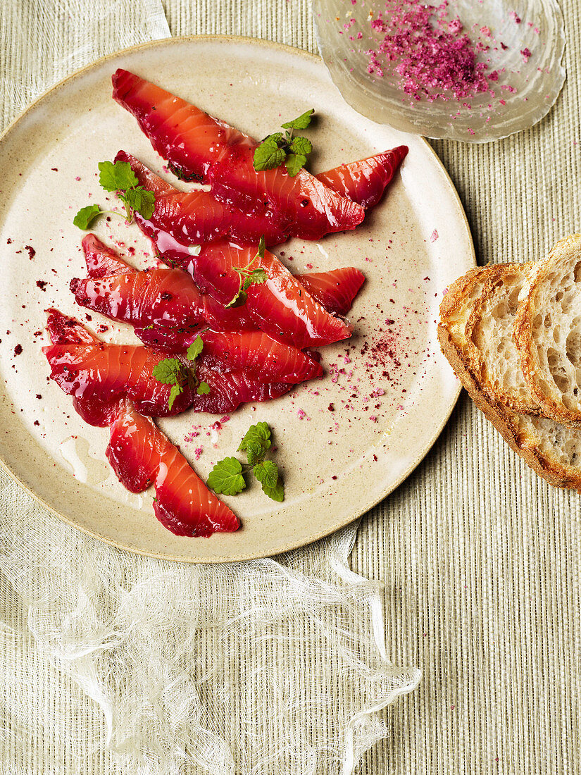 Beetroot salt cured salmon