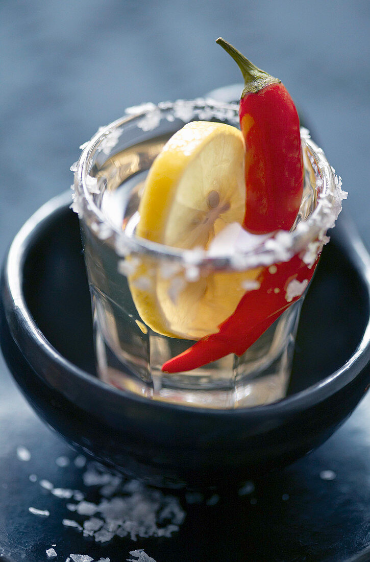 Tequilla with chilli, lemon and salt