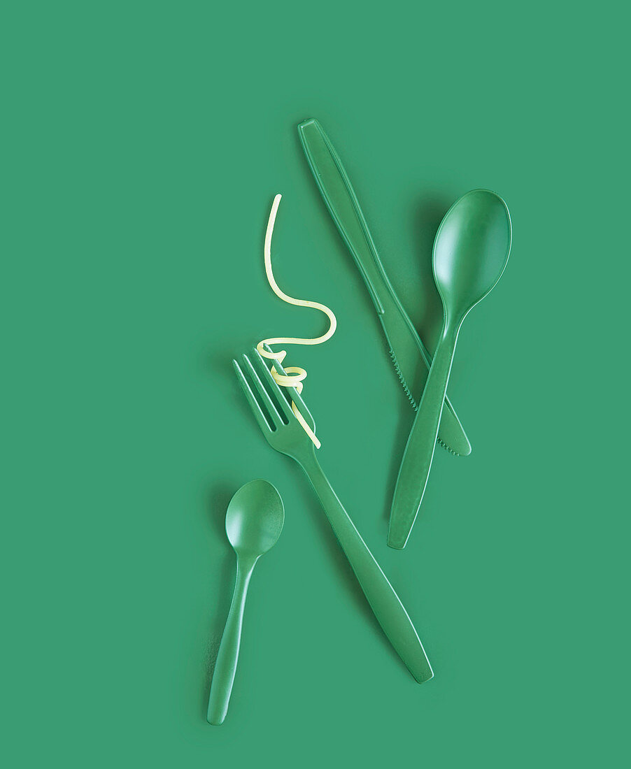 Spaghetti on a green fork