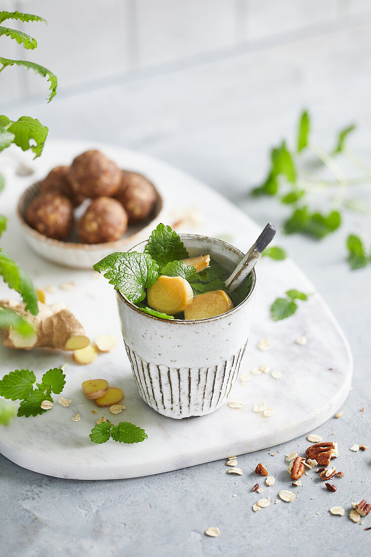 Ginger lemon balm tea and energy balls