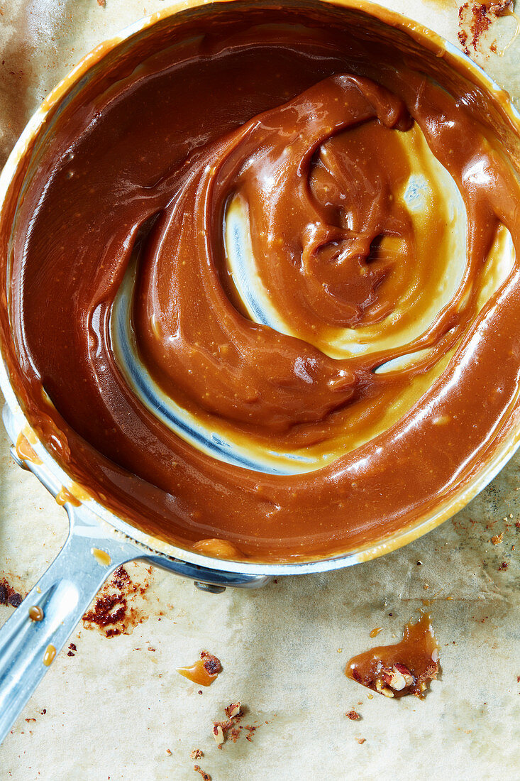 Caramel sauce in a saucepan