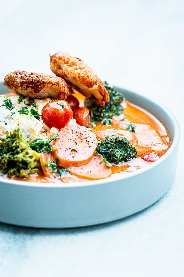 Red Thai curry with crispy fish nuggets