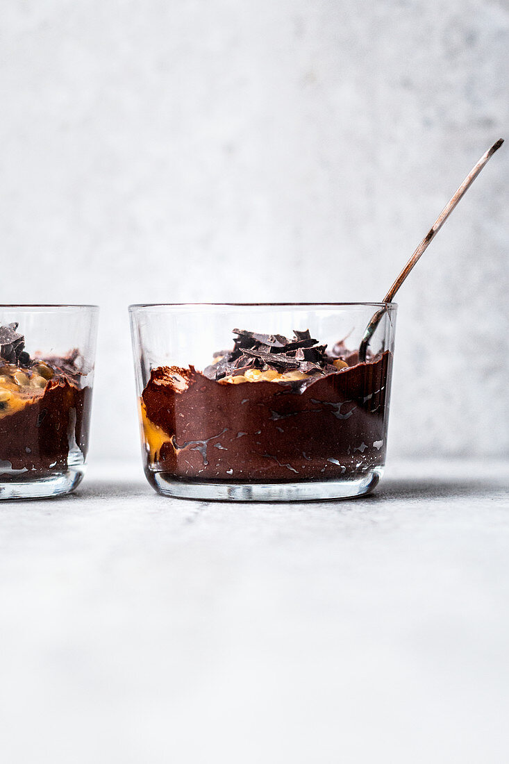 Fast avocado chocolate mousse with passion fruit