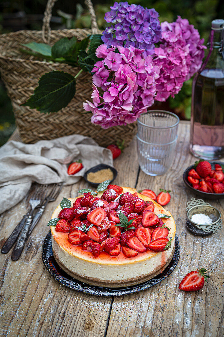 New York Cheesecake mit Erdbeeren serviert auf Gartentisch