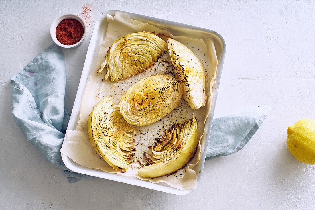 Roasted cabbage wedges with spices and olive oil