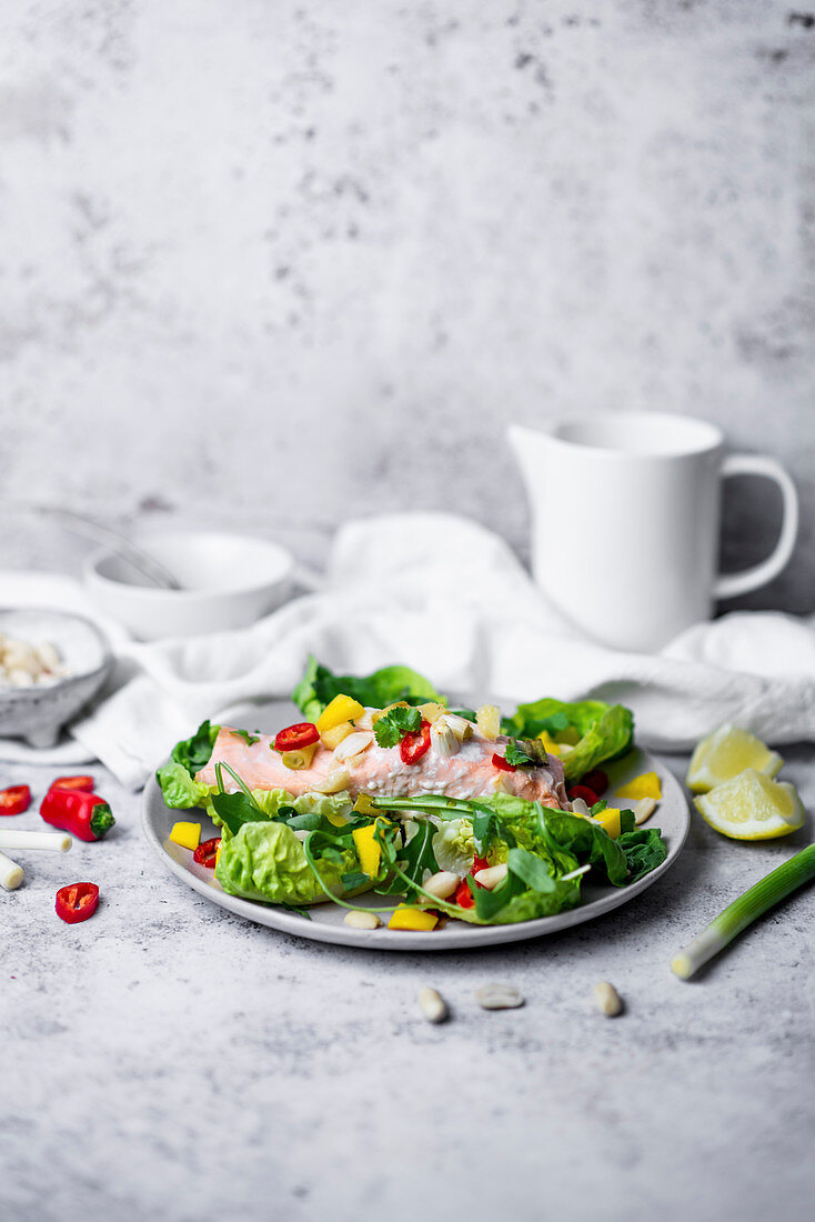 Healthy Salmon Salad With Fresh Fruit And Spring Onions