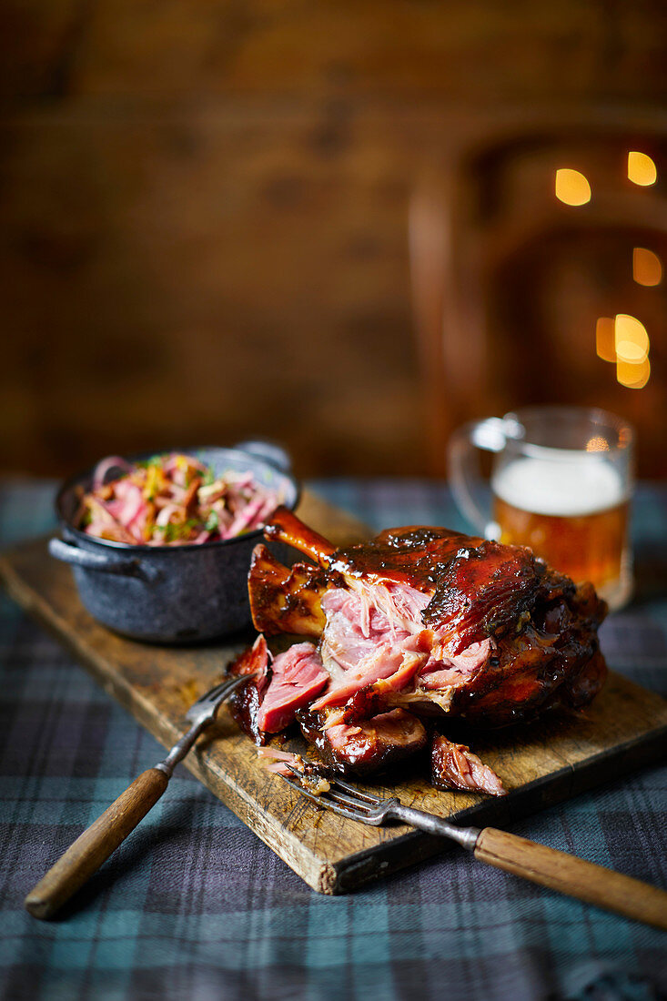 Mustard and clementine glazed ham hocks