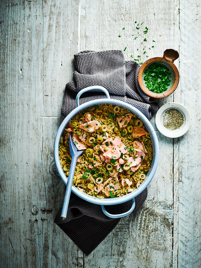 Quick salmon, preserved lemon and olive pilaf