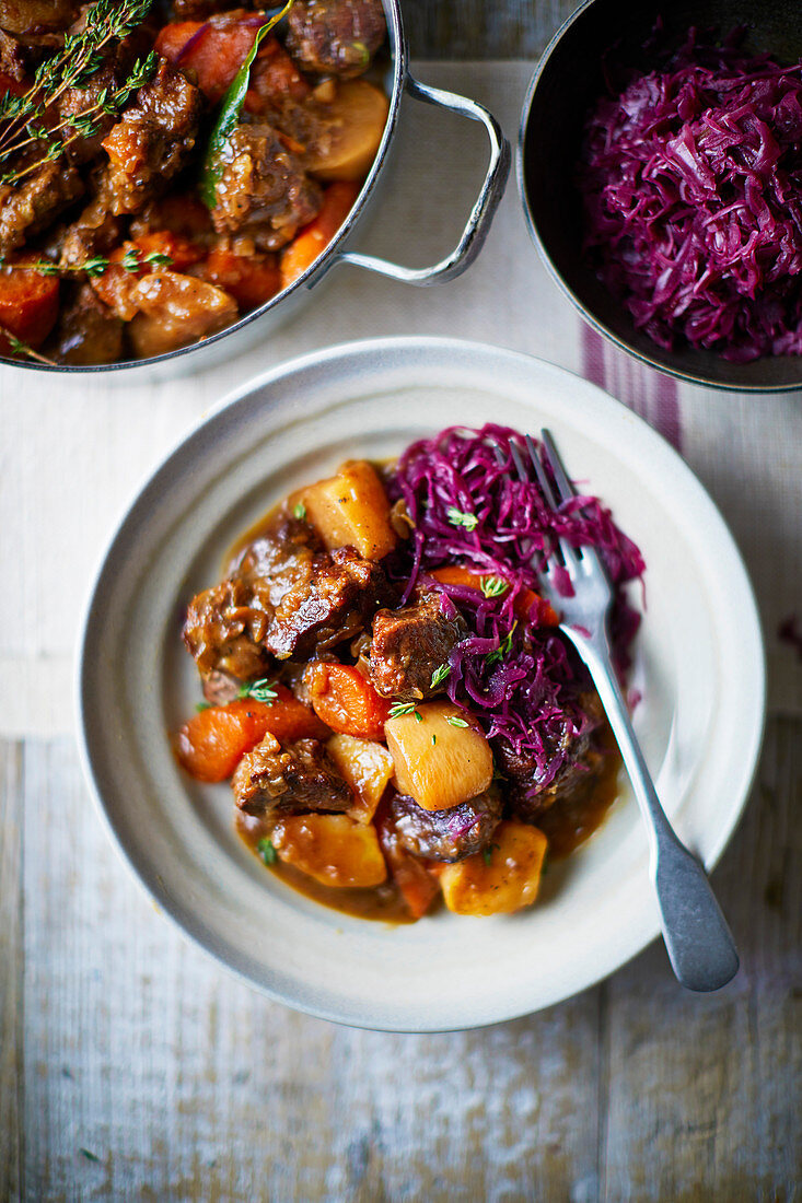 Lamb ragout with turnips, carrots and pickled red cabbage