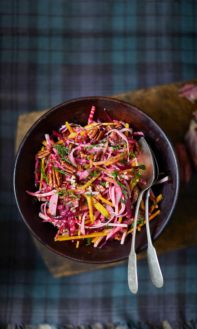 Rainbow beet saw with pecans and maple dressing