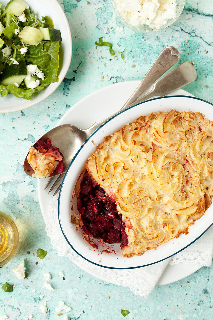 Vegetarian Beetroot and Feta Pie Topped with Potato mash