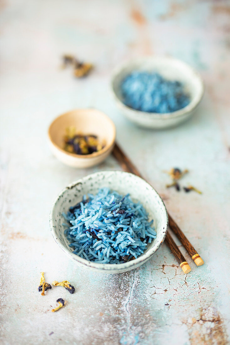 Basmati rice colored with edible flowers