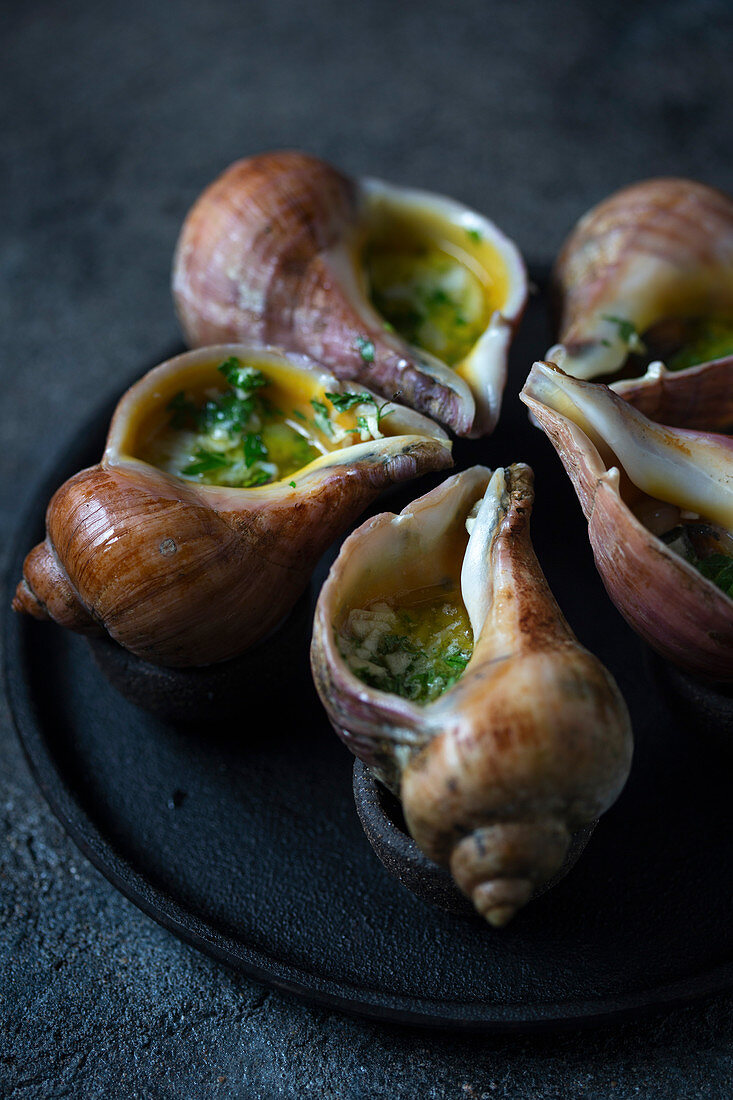 Giant snails escargots baked with butter, garlic and parsley.