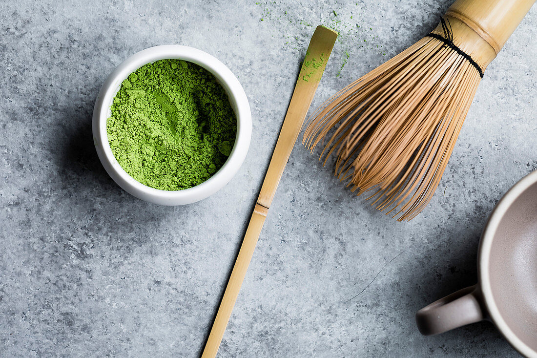 Matcha tea powder in a ceramic bowl