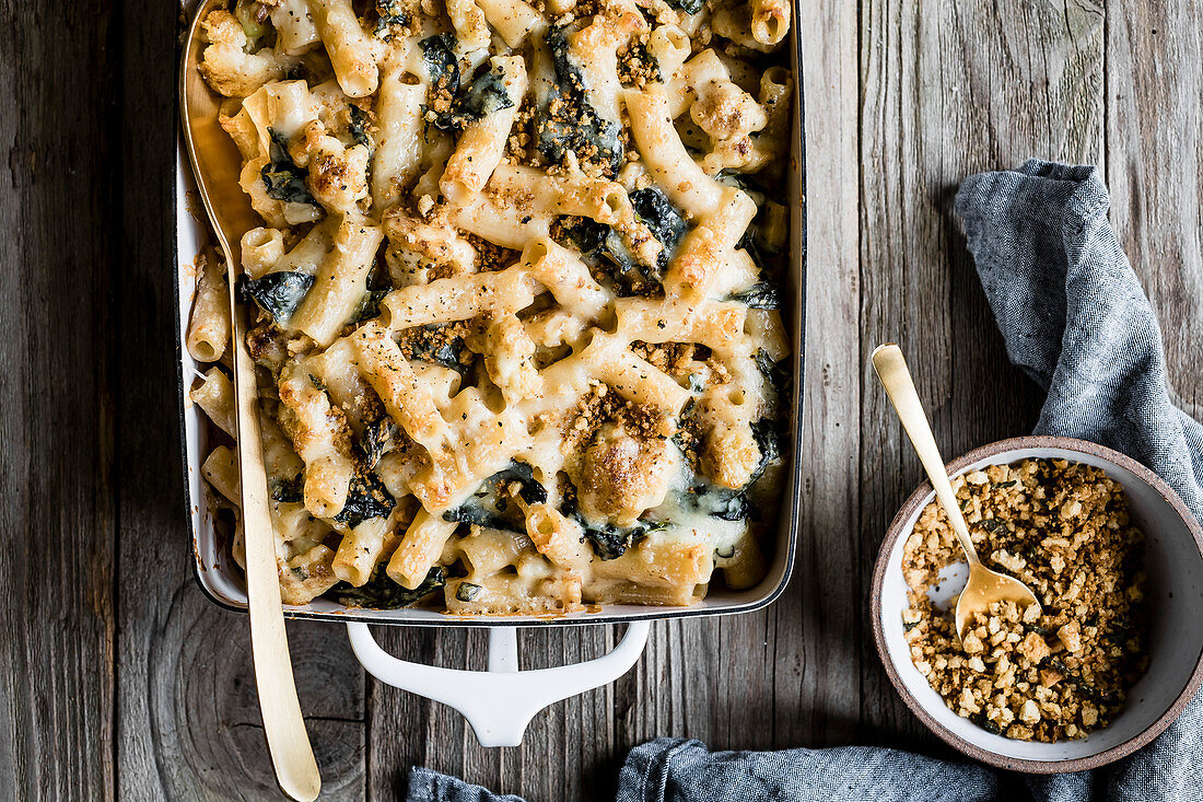 Cheesy cauliflower and kale baked rigatoni with sage breadcrumbs