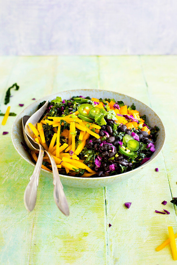 Black Bean Kale Salad with Roasted Poblano Vinaigrette