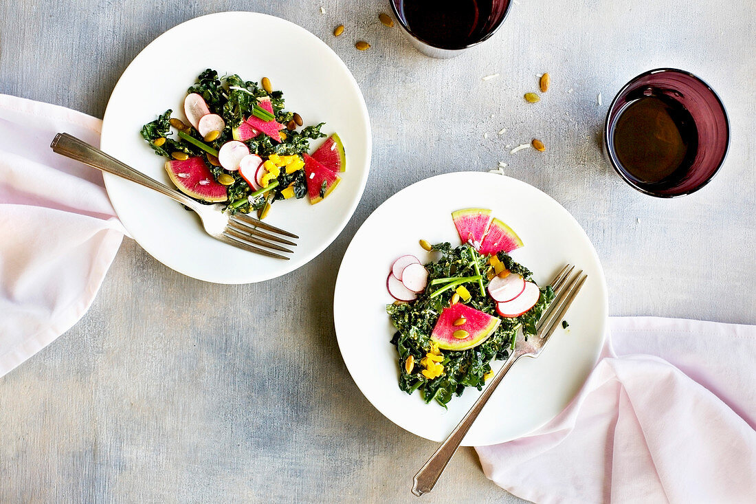 Kale Radish Salad with Roasted Yellow Pepper Pesto Vinaigrette