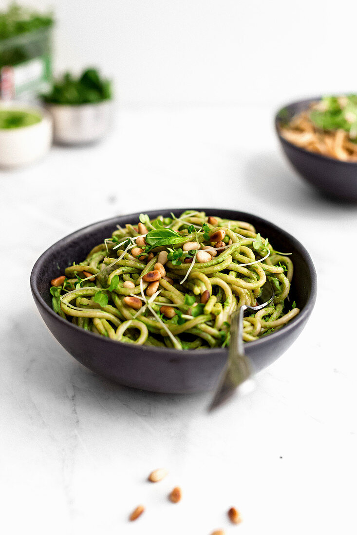 Pasta with pesto and pine nuts