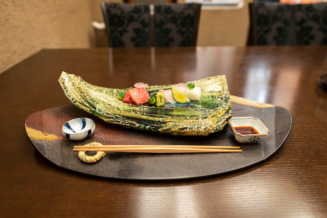 Decoratively arranged sashimi in a restaurant