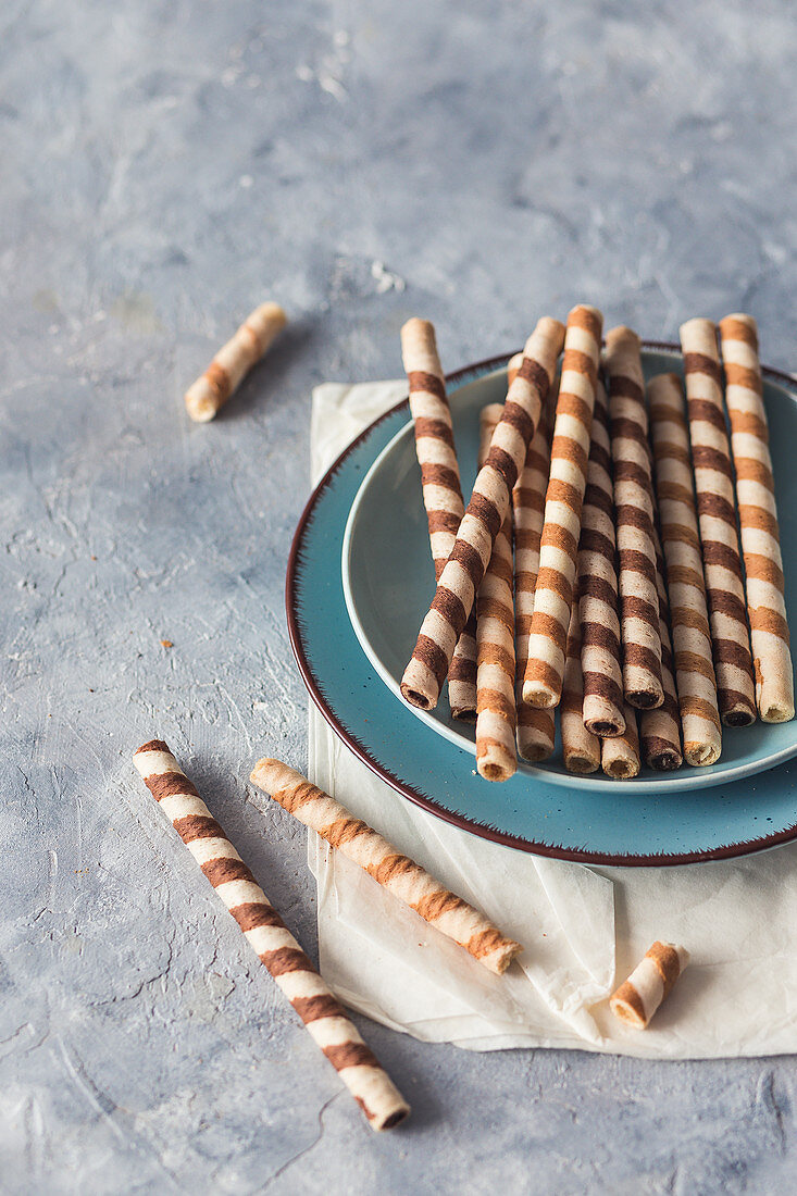 Wafer roll cookies on a plate