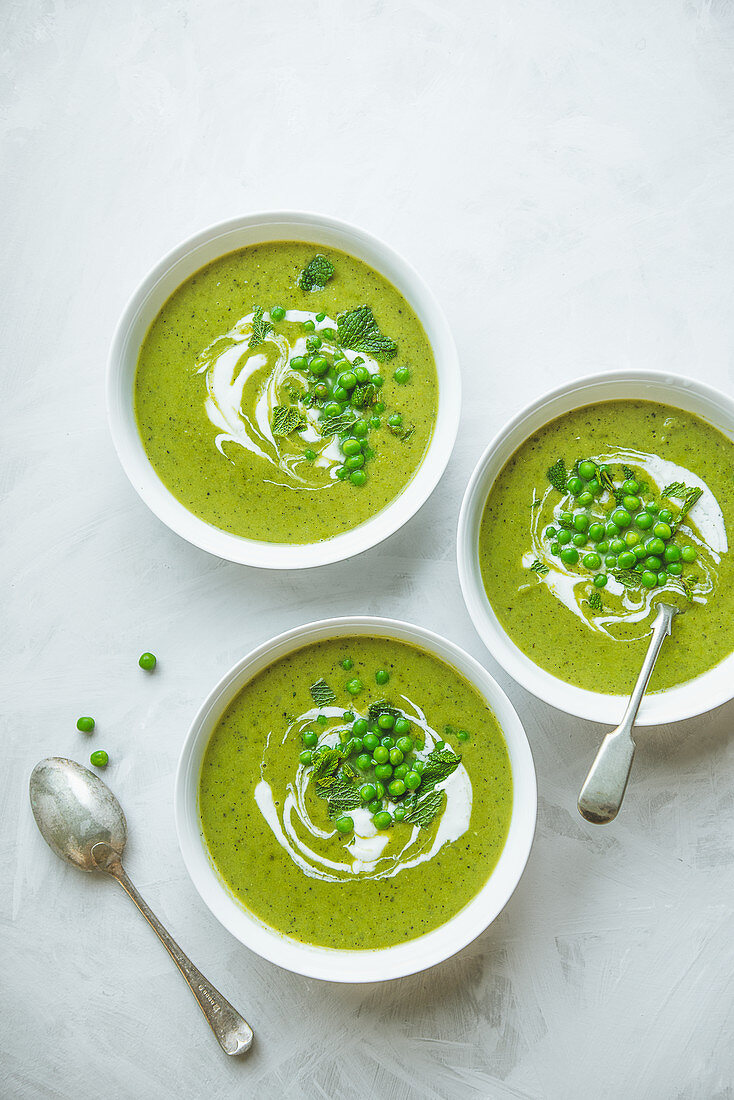 Spring pea and mint soup with sour cream