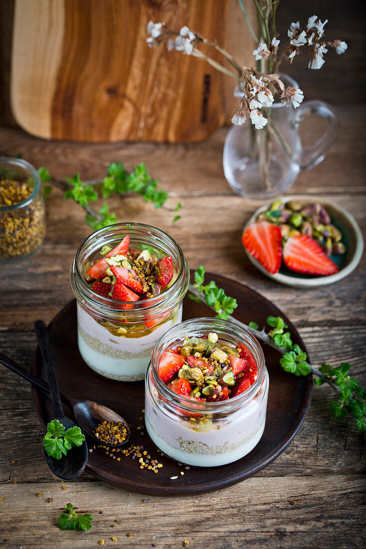 Yogurt with strawberries and pistachio