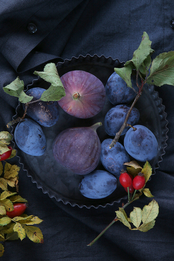 Fresh plums and figs in a tart tin surrounded by rose hips