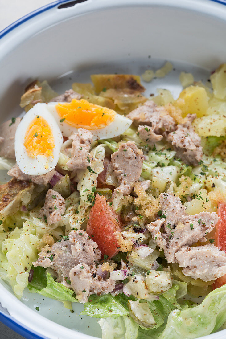 Closeup yummy tuna salad with potatoes and tomatoes mixed with egg and lettuce